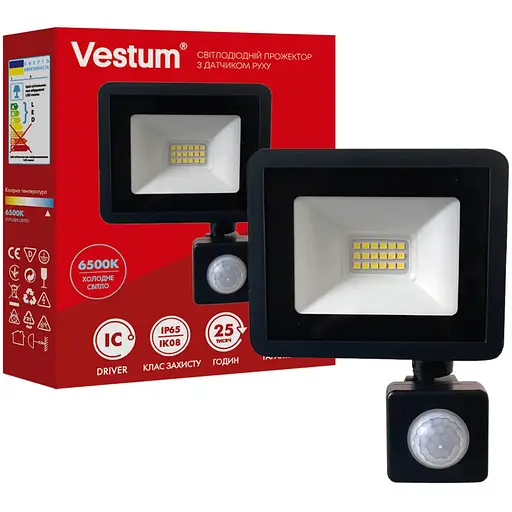 Світлодіодний прожектор з датчиком руху Vestum 20W 1600 Лм 6500K 180-260V IP65 1-VS-3020 - фото 1
