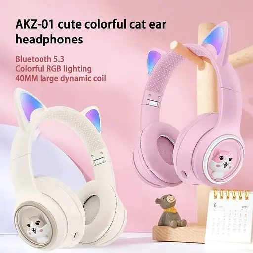 Дитячі бездротові Bluetooth навушники AZK-01 з RGB підсвічуванням і вбудованим мікрофоном Рожевий - фото 5