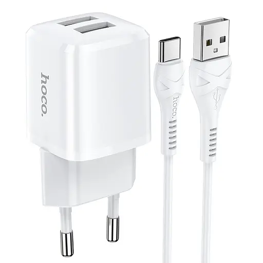 Комплект Адаптер сетевой HOCO Type-C Cable Briar dual port charger set N8 2USB белый - фото 3