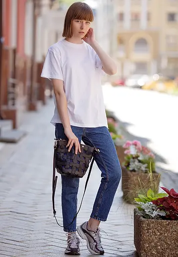 Шкіряна плетена жіноча сумка Пазл M чорна Crazy Horse - фото 6