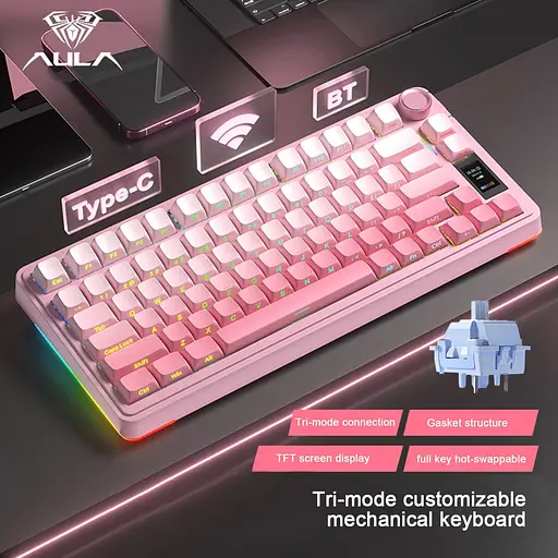 Механическая клавиатура AULA S75 Pro / 75% / Три режима подключения / Seyia Switch / Pink - фото 2