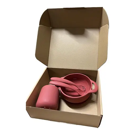 Набір силіконового посуду OldBro Red силіконова тарілка на присосці, кухоль та прилади, 4 предмети - фото 2