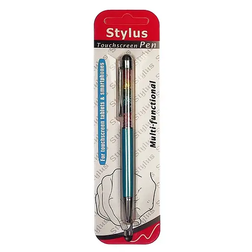 Стилус ємнісний, з кульковою ручкою, металевий, блакитний з кристалами кольорів веселки - фото 3