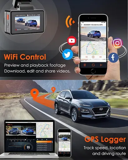 VANTRUE E2 Dash Cam Передня та задня камера з голосовим керуванням, подвійна 2.7K відеореєстратор, Wi-Fi, GPS - фото 6