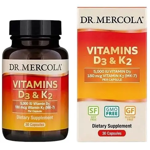 Витамины и минералы Dr. Mercola Vitamins D3 & K2 5000 IU/180 mcg, 30 капсул