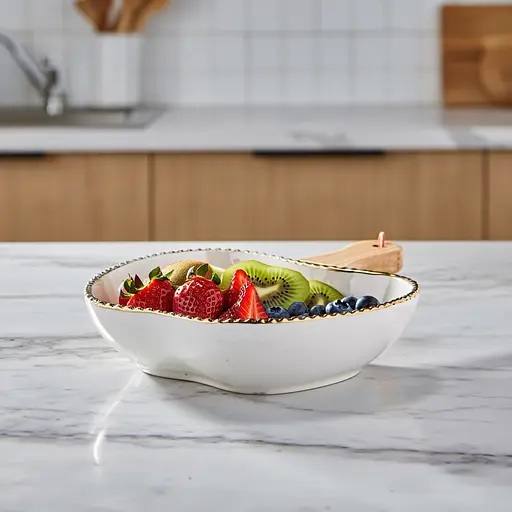 Тарелка фарфоровая глубокая с ручкой Яблоко 25×20×5 (см) сервировочное блюдо с ручкой для подачи тарелка сковорода Золото Yiwu ZJH-14-2 - фото 2