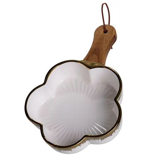 Тарелка фарфоровая глубокая с ручкой Цветок 24×16×4 (см) сервировочное блюдо с ручкой для подачи тарелка сковорода Золото Yiwu ZJH-13-1