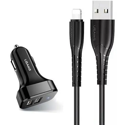 Автомобильное зарядное устройство Usams U35 (2xUSB, 2.1A) Black (6958444985961) + кабель Lightning - фото 2