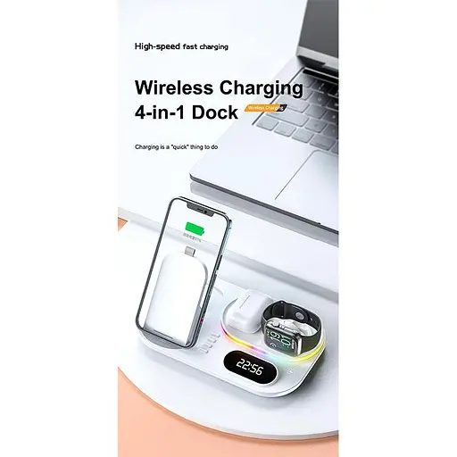 Зарядка Qi 4in1 wireless charger RGB/Clock XYJ A06 сумарно 30 W для Phone/Watch/Earphones - фото 6