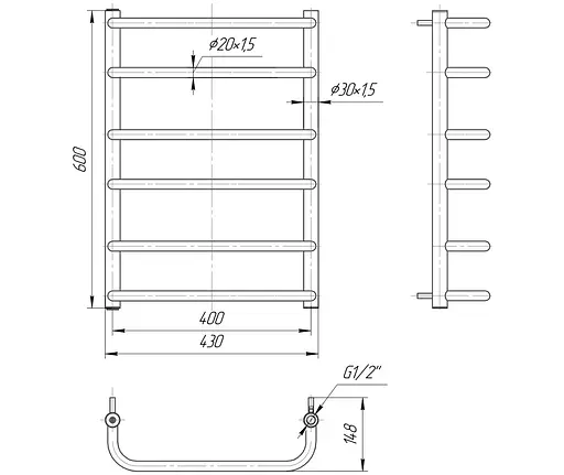 Водяна рушникосушка Mario Стандарт 600x430/400, Хром - фото 2