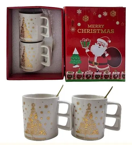 Набір Новорічні кружки і ложечки білі з золотим по 2 шт по в коробці