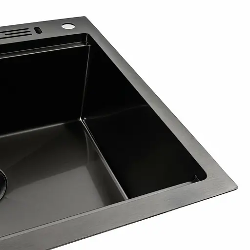 Кухонна мийка Platinum Handmade PVD 60x50 чорна з підставкою для ножів + сифон, дозатор та кошик, Нержавіюча сталь - фото 6