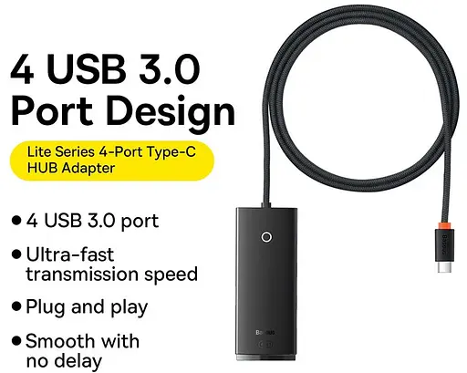 Хаб конвертер Baseus Lite Series Type-C to 4xUsb 3.0 2 метра WKQX030501 - фото 6