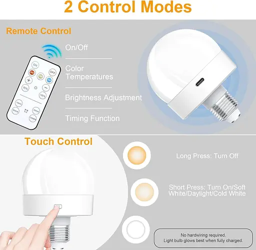Лампочки з батарейним живленням, що перезаряджаються, 300LM E26 гвинтова (магнітна знімна) лампочка для ламп - фото 2