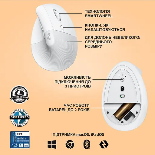 Беспроводная мышь Logitech Lift Vertical Ergonomic Mouse Wireless/Bluetooth Off-White (910-006475) - фото 6