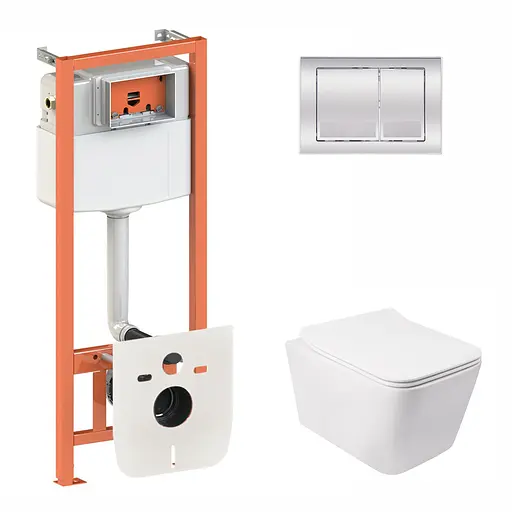 Набор: Qtap инсталляция 3 в 1 Nest QT0133M425 с панелью смыва квадратной QT0111M06028CRM + унитаз с сиденьем Crow QT05335170W - фото 1