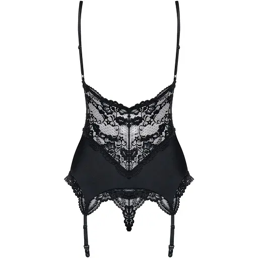 Сатиновый кружевной корсет Obsessive 810-COR-1 Babydoll & Thong L/XL, черный, корсет, танга - фото 2