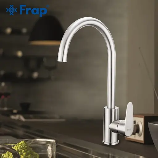 F4048 (H48) Змішувач для кухні одноважільний гусак вухо корпус з нержавіючої сталі гайка Ø35 Frap 1/10 Хром матовый - фото 2