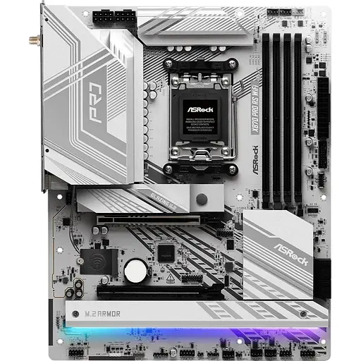 Материнская плата ASRock AM5 X870 Pro RS WiFi, X870, 4xDDR5, Int.Video (CPU), 4xSATA3, 3xM.2, 1xPCI-E 5.0x16, 1xPCI-E 4.0x16, ALC1220, Bluetooth 5.4, 2xUSB4/7xUSB3.2/9xUSB2.0, HDMI/2xType-C, ATX