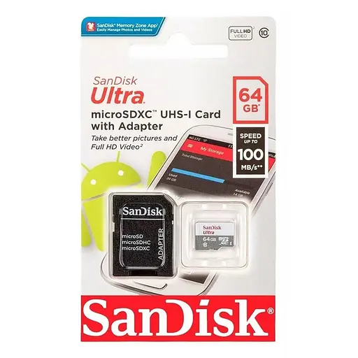 Карта памяти microSDXC (UHS-1) SanDisk Ultra 64Gb class 10 A1 (100Mb/s) (adapter SD) - фото 2