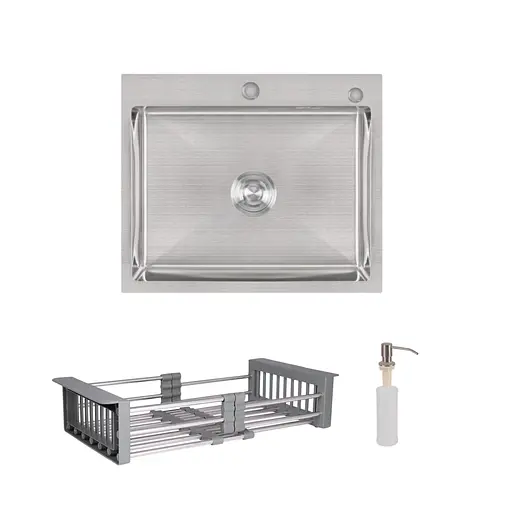Кухонная мойка Lidz Handmade H6050 интегрированная Brushed в комплекте с дозатором и корзиной, Нержавеющая сталь - фото 1