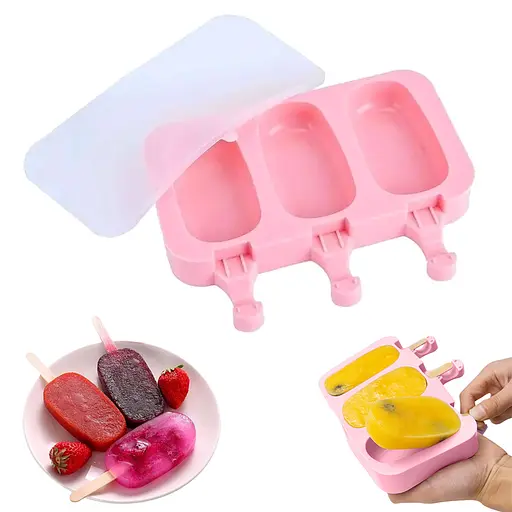 Форма силіконова для морозива Ескімо та євродесертів з паличками (3 комірки) 19х14 см, Danmenqing Рожевий 85120 - фото 2