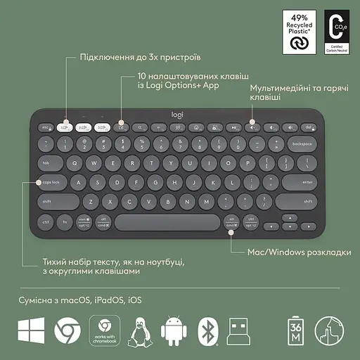 Комплект (Клавіатура та Миша) Logitech Pebble 2 Combo Tonal UA (920-012239) Graphite - фото 11