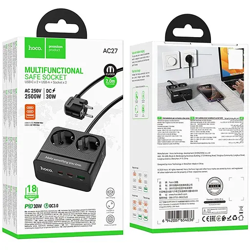 Подовжувач Hoco AC27 Descanso (PD30W/2C/1A/2xSocket) (2m) Black - фото 5