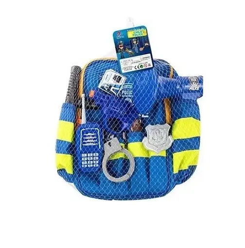 Полицейский набор 12 P 3 на батарейках, звук, рация, сирена, наручники, пистолет, значок, жилет, рюкзак, в сетке (6976239406613) - фото 1