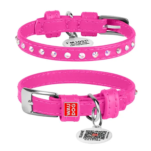 Ошейник для собак кожаный Waudog Glamour с QR-паспортом с клеевыми стразами Ш 9 мм Д 18-21 см розовый
