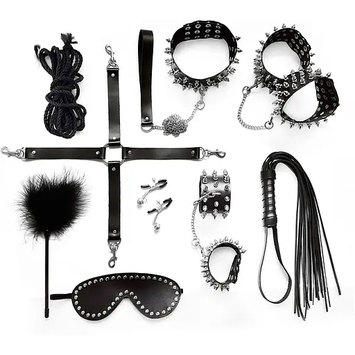 Набір Art of Sex - Spikes BDSM Set LeaTher, 10 предметів, натуральна шкіра, Чорний