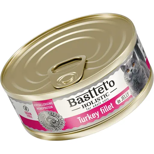 Влажный корм для кошек Basttet`o Holistic кусочки филе индейки в желе 85 г ж/б