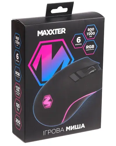 Миша Maxxter McG-7B-I725, Black, USB, оптична (сенсор Instant A725F+D26), 800 - 7200 dpi, 7 кнопок, RGB підсвічування, перемикачі Huano, покриття Soft Touch, 1.8 м - фото 4