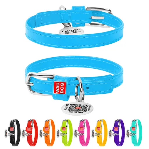 Нашийник для собак шкіряний Waudog Glamour з QR-паспортом без прикрас XXS Ш 9 мм Д 19-25 см блакитний - фото 2