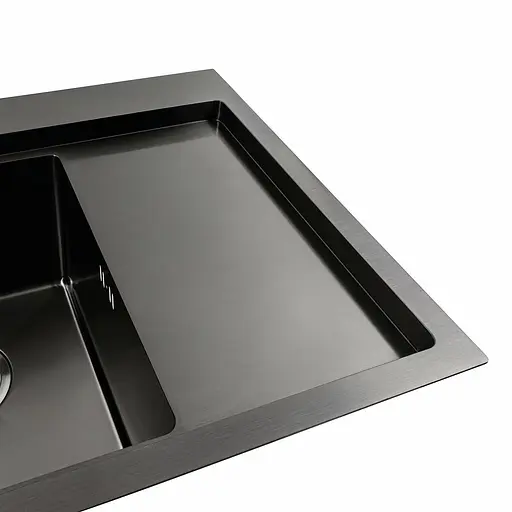 Кухонная мойка черная PVD 58x48 L Platinum Handmade (два отверстия, круглый сифон 3,0/0,8), Черный - фото 3