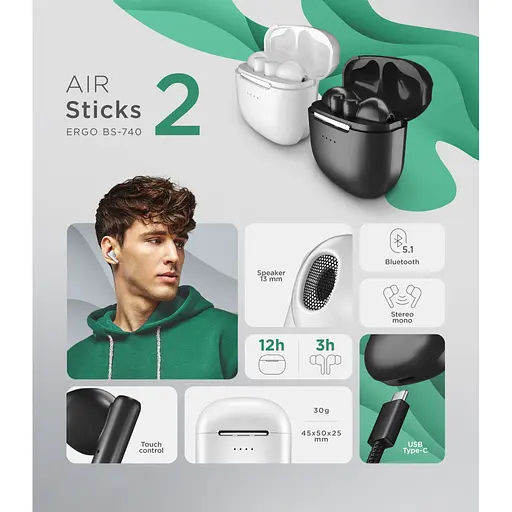 Гарнітура ERGO BS-740 Air Sticks 2 Black - фото 8