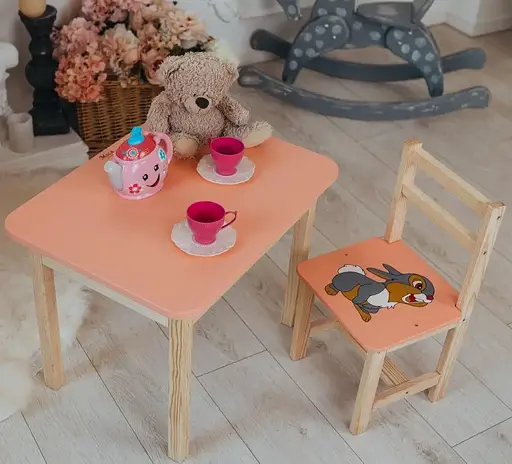 Дитячий стіл з ящиком та стілець для навчання (Рожевий) Зайчик