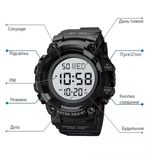 Тактические мужские часы Skmei 1968 Черный с белым циферблатом - фото 4