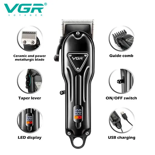 Машинка для стрижки акумуляторна VGR V-051 2500 mAh LED дисплей (4 насадки) - фото 2