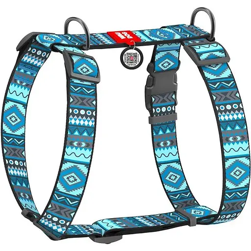 Шлея для собак Waudog Nylon анатомічна H-подібна з QR-паспортом, малюнок "Етно синій", пластиковий фастекс, XL