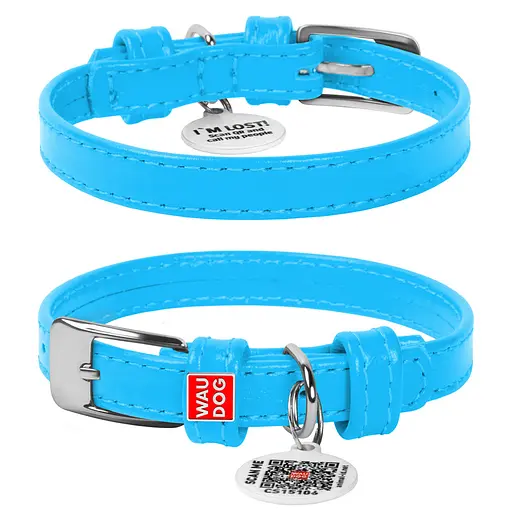 Ошейник для собак кожаный Waudog Glamour с QR-паспортом без украшений XS Ш 12 мм Д 21-29 см голубой