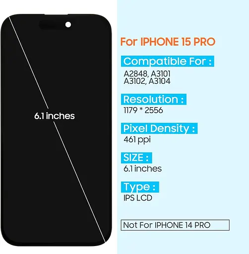 Заміна екрана ARSSLY для iPhone 15 Pro РК-екрана сенсорного екрана в зборі з ремонтними деталями для iPhone A2848, A3101 A3102, A3 - фото 4