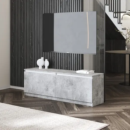 Тумба під телевізор Vays у вітальню, сучасна з полицями, без ручок R-31 Бетон-Білі планки