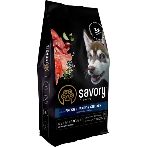 Сухий корм для цуценят великих порід Savory Junior Large rich in Fresh Turkey & Chicken зі свіжим м'ясом індички та курки 12 кг