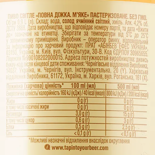 Уцінка. Пиво Повна Діжка М'яке світле 4.2% 0.9 л - фото 3