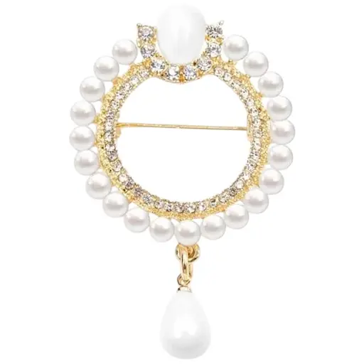 Витончена брошка з перлинами та камінцями для особливого образу декоративна жіноча прикраса на одяг Золотистий з білим - фото 1