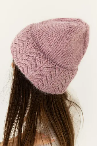 Женская вязаная шапка Ангора Ажур с флисовой подкладкой 60% ангора Пудрово розовый - фото 2