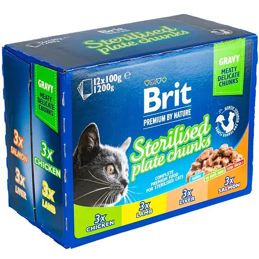 Уцінка. Вологий корм для стерилізованих кішок Brit Premium Cat Pouch Сімейна тарілка асорті 4 смаки 1.2 кг (12 шт. х 100 г)  - фото 2