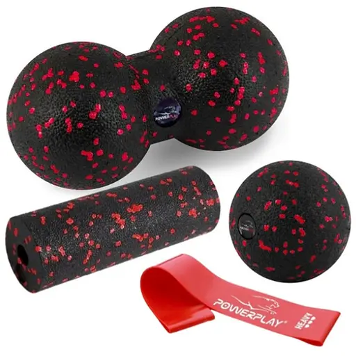 Набір для масажу та йоги PowerPlay PP_4091 EPP (2 м'ячики + валик масажер 15*5,3 см) Red + гумка 11 кг (PP_4091_Red) - фото 1