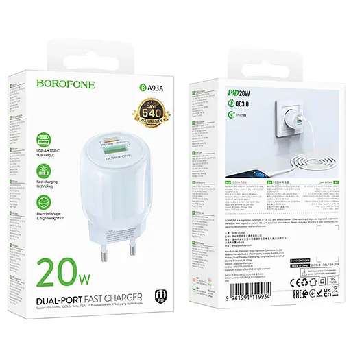 МЗП Borofone BA93A Lustrous PD20W+QC3.0 (1USB-A/1C) Blue - фото 4